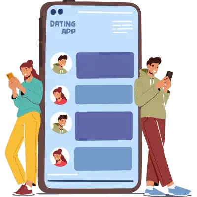 man and woman standing on either side of smartphone looking at phones messaging each other