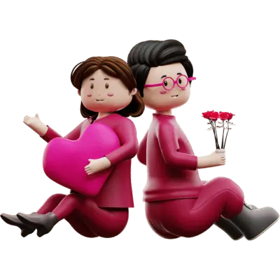 couple back to back holding heart and flowers