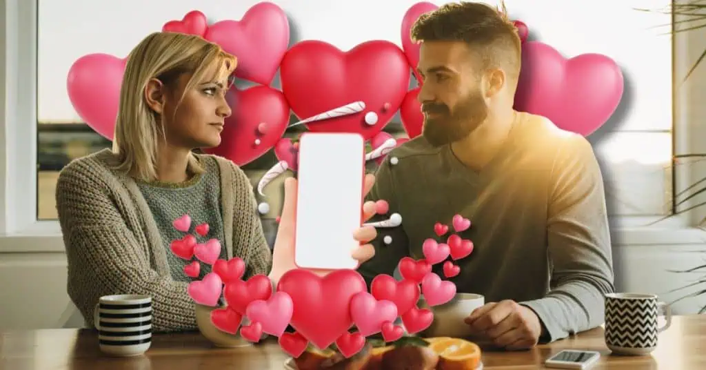couple communicating with 3d hearts and smartphone icons