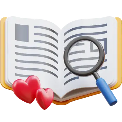 magnifying glass book and hearts