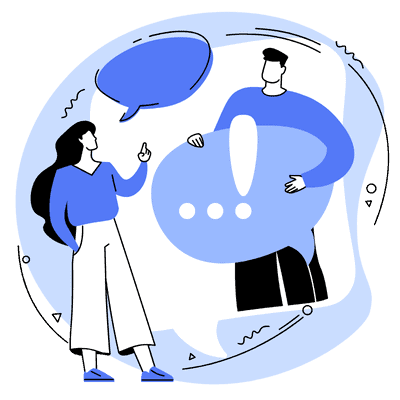 man and woman talking to each other with speech bubbles around them