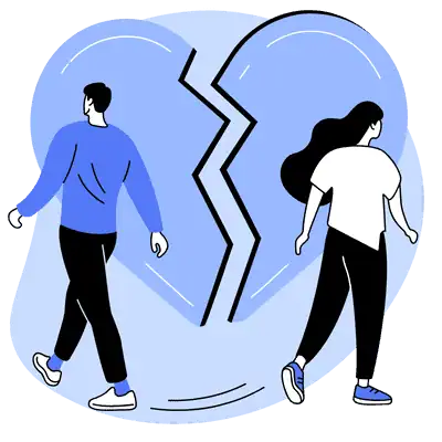 man and woman walking away from each other with a broken heart behind them