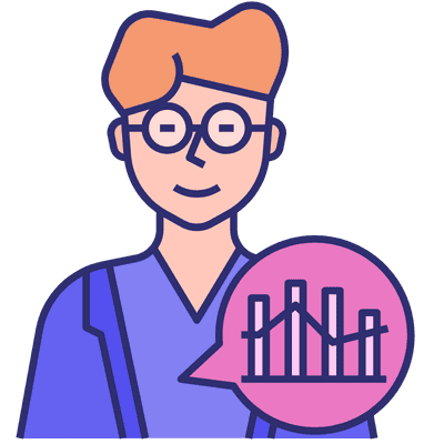 person wearing glasses and speech bubble with graph