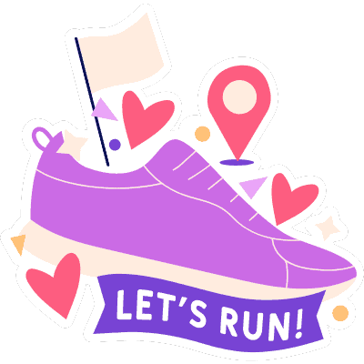 running shoe with white flag and hearts around them with lets run sign