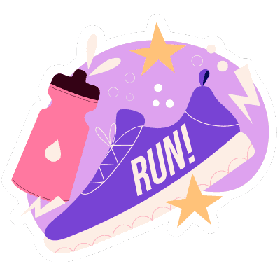 water bottle with running shoe and stars and dots around them