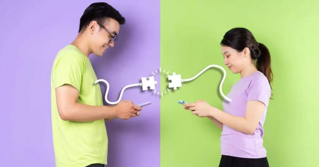 Asian Couple Using Smartphone, Love Connection Concept
