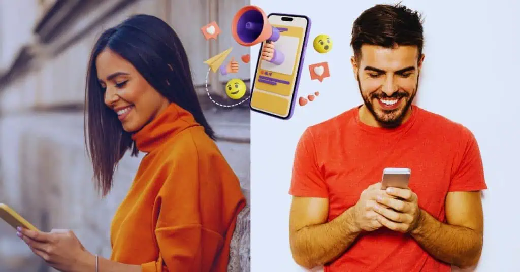 Happy Man and Woman Texting - 3D Mobile with Red Hearts, Happy Faces and a Megaphone