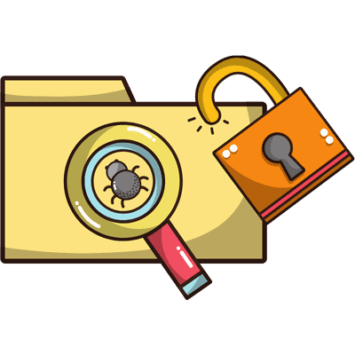 file with magnifying glass, bug and unlocked lock