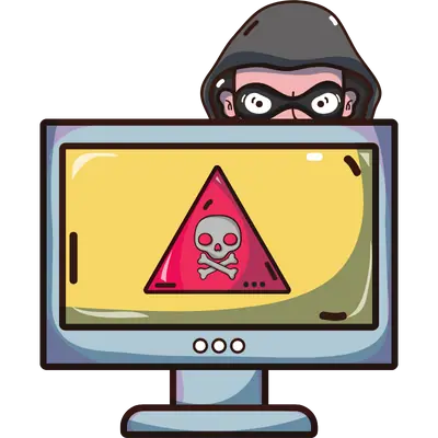 hacker behind computer with skull on hazard sign