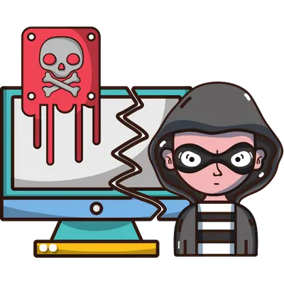 hacker standing in front of computer with skull and bones