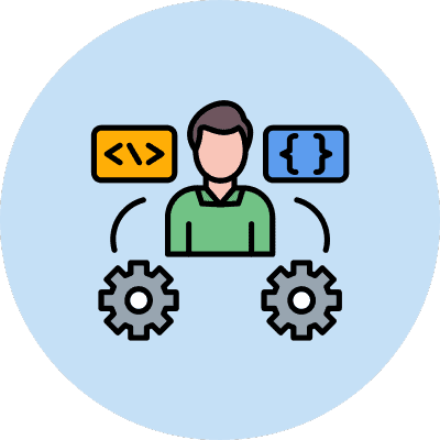 person with two cogs and brackets icons