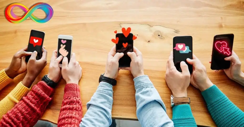 Hands Holding Mobile Phones - Neurodiversity Symbol - Hearts