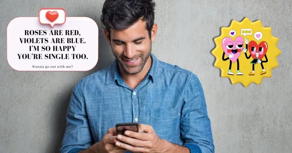Man Smiling Texting Phone - Flirt Quote - Two Cartoon Hearts Flirting