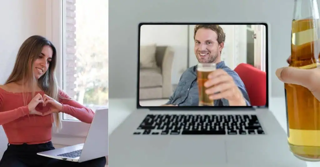 Woman in a Virtual Date Doing a Heart with Her Hands - Man Virtual Date Happy Hour