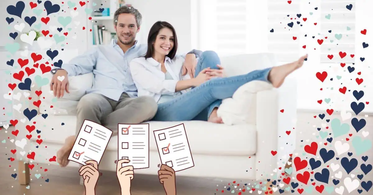 couple on couch with patriotic hearts around them and voting ballots