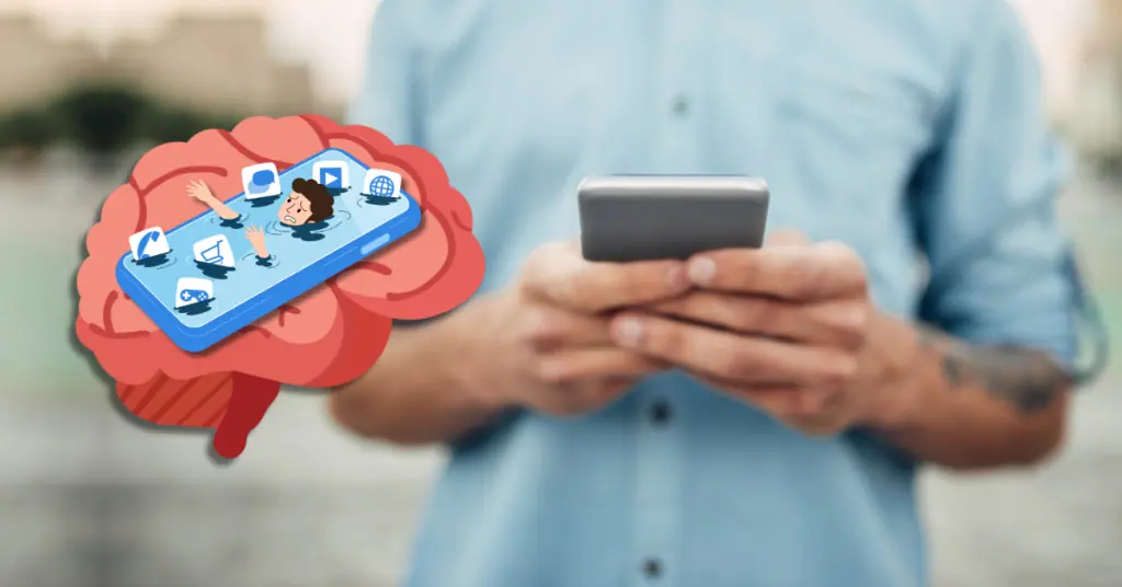 man holding phone with brain and phone icon