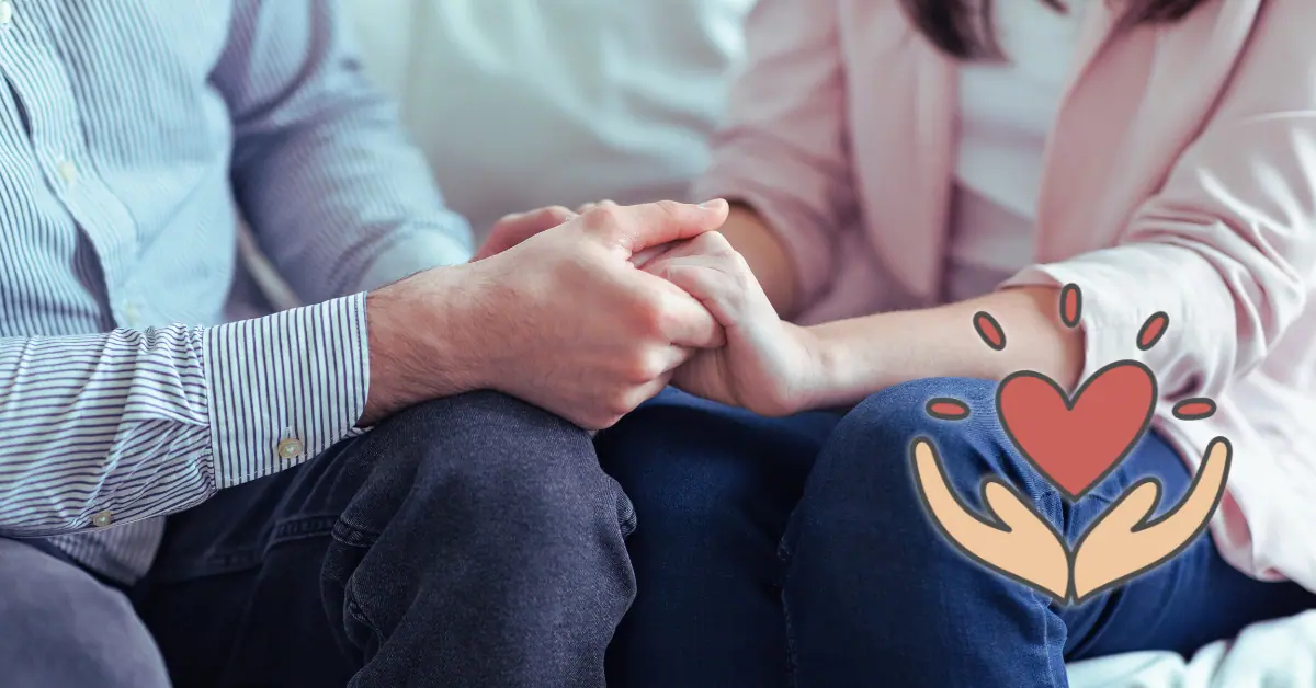 man and woman holding hands with hand holding heart icon in corner