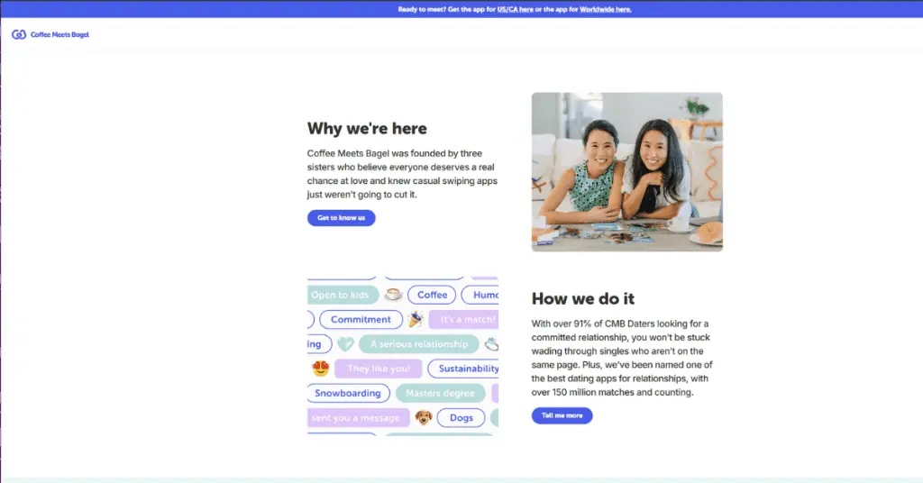 screenshot of coffee meets bagel's homepage